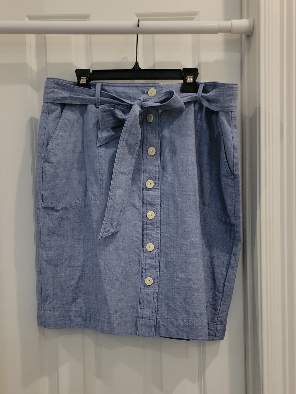 Talbots Light Blue Chambrey Button-Front Pencil Skirt with Tie Waist